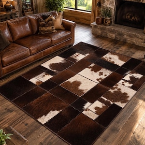 Handgefertigter Patchwork Teppich aus Rinderleder, Brauner Elfenbeinfarbener Lederteppich, Western Ranch Dekor