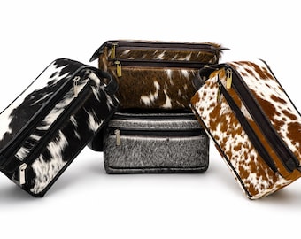 Neceser de piel de vaca con pelo, neceser de viaje hecho a mano, bolsa de afeitado de piel auténtica, organizador de aseo para hombre, regalo para él.