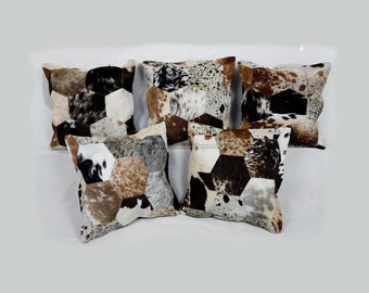 Handmade 100% real hair on Cowhide Leather Patchwork Pillow Covers – Premium Decorative Cushion cases for Rustic and Modern Home Décor