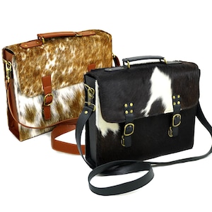 Messenger de bureau en cuir de vachette naturel | Porte-documents en cuir pour ordinateur portable à poils longs | Cartable unisexe avec bandoulière | Sacoche pour documents