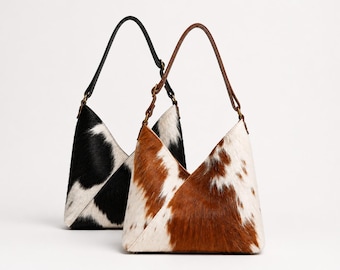 Cowhide Leather Shoulder Bag for Women, Hair On Hide Hobo Bag, Handmade Western Purse,  Genuine Tote Leather Handbag