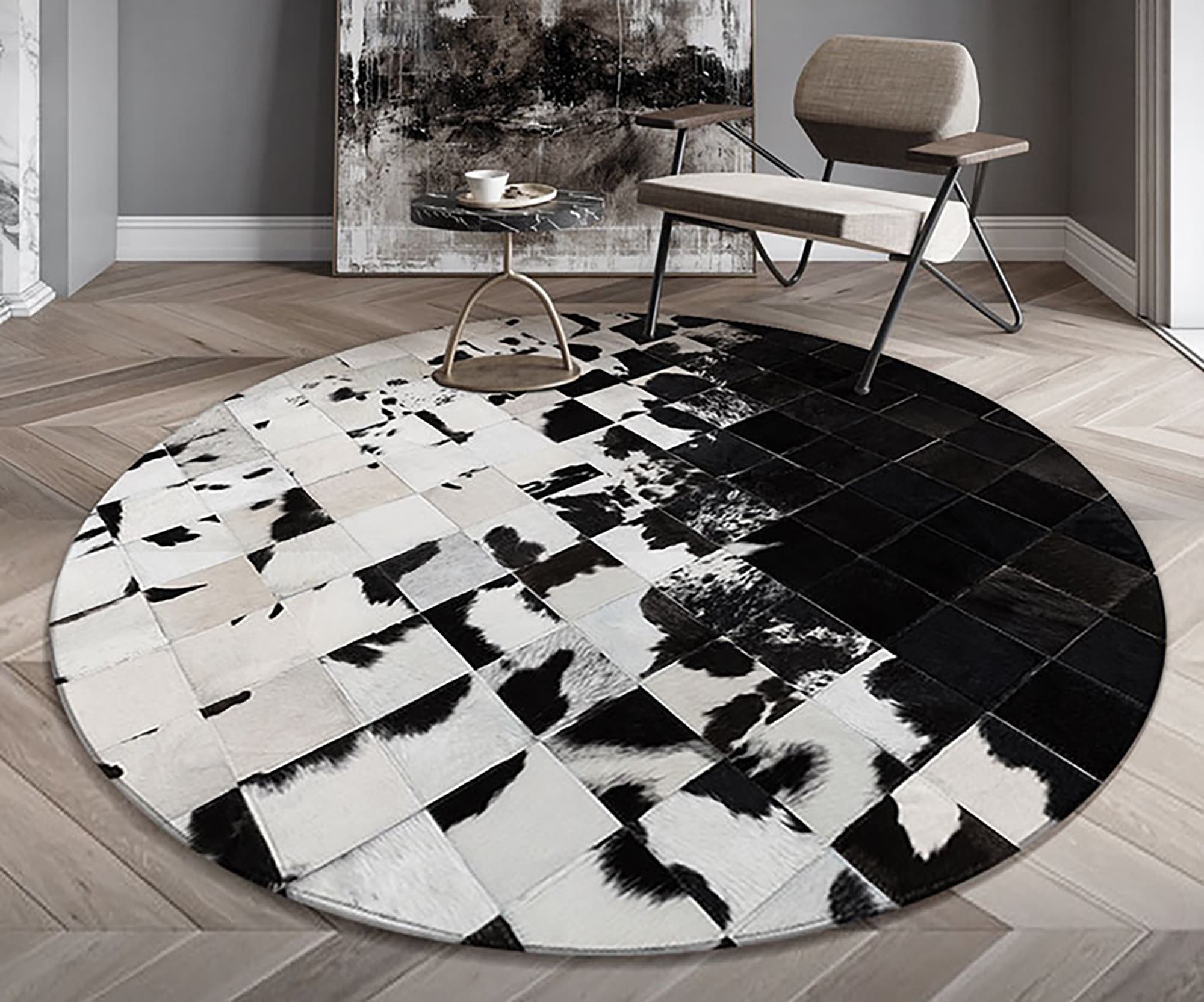 Natural Cowhide Leather Area Rug | Handmade Cowhide Carpet | Comfy Home Décor Cow Skin Rug | Real Hair-on-Leather Patchwork Round Rug