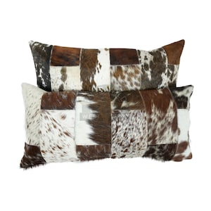 Rectangle Cowhide Leather Pillow Covers | Natural Hair on Cow skin Cushion Cases | Patchwork Cowhide Leather Pillow Covers for Home Decor