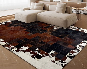 Natural Cowhide Leather Area Rug | Handmade Interior Floor Carpet | Comfy Home Décor Rug | Hair on Leather Patchwork Rug | Hallway Runner