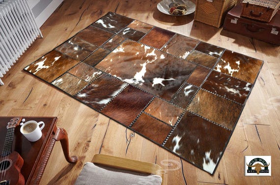 Natural Cowhide Patchwork Rug | Handmade Cowhide Carpet | Home Décor Cow Skin Rug | Hair-on-Leather Patchwork Rug | Cowhide Hallway Runner