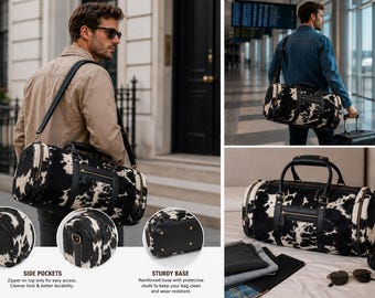 Genuine Cowhide Leather Duffle Bag | Hair-on Hide Weekender Travel Bag | Western Overnight Gym Bag | Handmade Carry-On