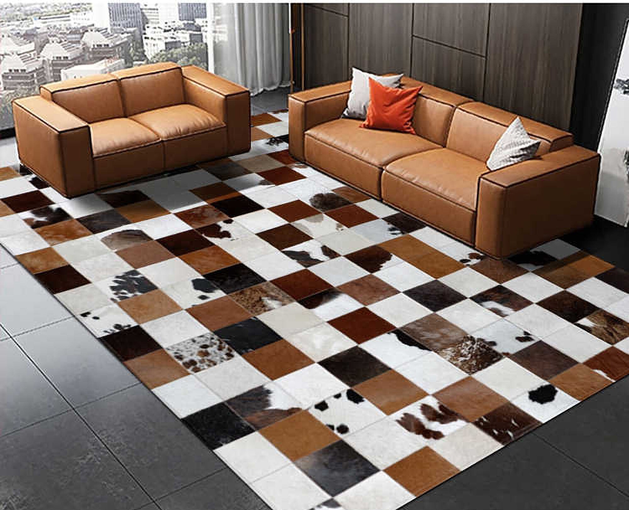 Tapis patchwork en peau de vache naturelle | Tapis en peau de vache fait à la main | Tapis en peau de vache de décoration intérieure | Tapis patchwork cheveux sur cuir | Tapis de couloir en peau de vache