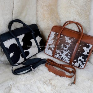 Natural Cowhide Leather Office Messenger Bag | Hair-on Leather Laptop Briefcase Bag | Unisex Satchel Bag with Shoulder Strap | Documents Bag