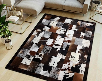 Multi-color cowhide rug | natural hair on leather carpet | premium quality patchwork rug | real leather home décor area rug | Hallway runner