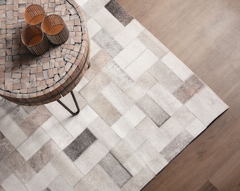 Natural Cowhide Patchwork Rug | Handmade Cowhide Carpet | Home Décor Cow Skin Rug | Hair-on-Leather Patchwork Rug | Cowhide Hallway Runner
