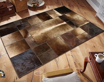 Tappeto patchwork in vera pelle bovina naturale fatto a mano – Tappeto in vera pelle bovina con pelo, tappeto in stile western/farmhouse, decorazione rustica per la casa
