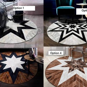 May include: Four different options for a round cowhide rug with a starburst design. The rugs are shown in various settings with furniture. Option 1 and 2 feature a black and white starburst design. Option 3 and 4 feature a brown, black, and white starburst design.