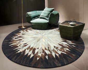 Natural Cowhide Leather Area Rug | Handmade Cowhide Patchwork Carpet | Home Décor Cow Skin Rug | Real Hair-on-Leather Patchwork Round Rug