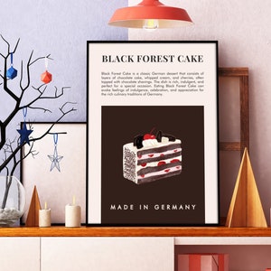 Poster di cibo tedesco con torta della Foresta Nera, arte murale per la cucina, decorazione artistica del soggiorno, stampa moderna alla moda, cartello da cucina retrò, arte murale preppy