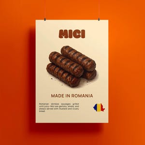May include: A poster featuring the word "MICI" in brown letters above a stack of grilled sausages. The text "MADE IN ROMANIA" is below the sausages, with a description of the dish and the Romanian flag.