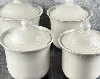 Pfaltzgraff Filigree Canister Set White – 4 Pc Vintage Ceramic Kitchen Storage with Lids – Flour Sugar Coffee Tea Jars
