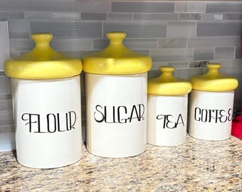 MCM Holiday Designs Vintage Canister Mushroom Yellow Ceramic Flour Sugar Coffee & Tea Set