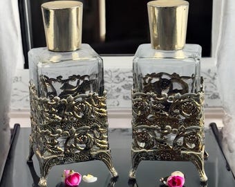 Vintage Perfume Holder Jars Metal Bottles 2pc