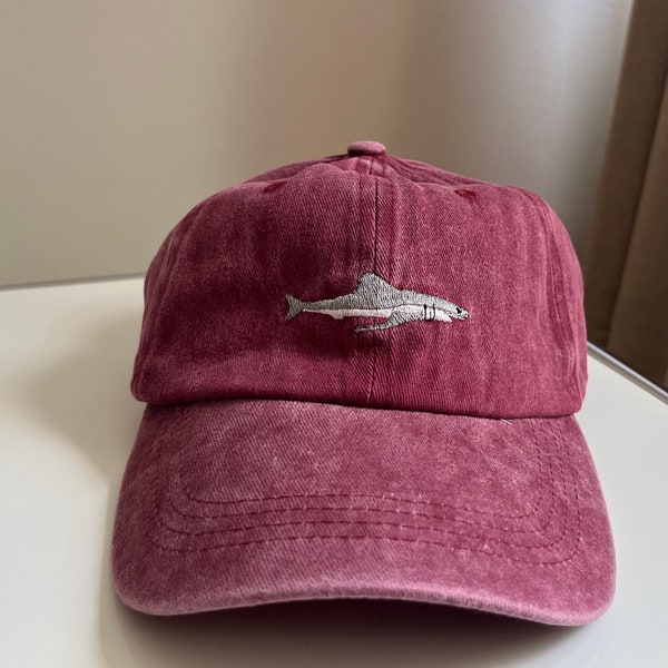 Shark hat cap baseball cap stone washed raspberry shark embroidery dad cap vintage look dad hat oceanlover