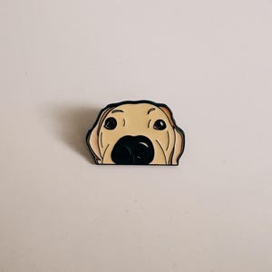 Könnte beinhalten: Anstecknadel mit einer Cartoon-Illustration eines Golden Retriever-Gesichts. Der Hund hat einen hellbraunen Kopf, eine schwarze Nase und große, überraschte Augen. Die Anstecknadel hat eine schwarze Umrandung und befindet sich vor einem schlichten weißen Hintergrund.