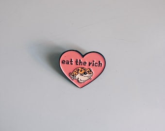 Pink Heart Brooch with Toad and “Eat the Rich” | Quirky Statement Pin | Punk Fashion Accessory | Bold Gift for Rebels