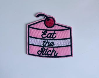 Eat the Rich Patch – Pink Cake Iron On Embroidered Badge, Bold Statement Punk Feminist DIY Jacket Accessory