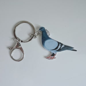 Puede incluir: Un llavero plateado con un anillo de metal y un cierre. Un dije de paloma azul y blanca está unido al anillo.