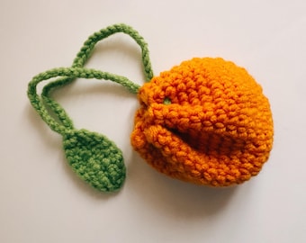 Handgehäkeltes Orangen‑Beutelchen – Frucht‑Tasche mit Kordelzug, süßes Geschenk, kleine Aufbewahrung, Amigurumi‑Style