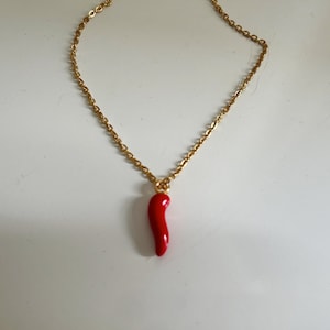 Könnte beinhalten: Eine goldene Kettenkette mit einem roten Chili-Pfeffer-Anhänger.