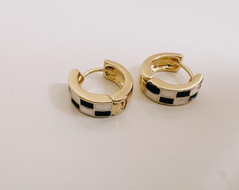 Gold Hoop Earrings with Black & White Inlay – Modern Checker Design, Stylish Everyday Jewelry, Unique Gift for Her
