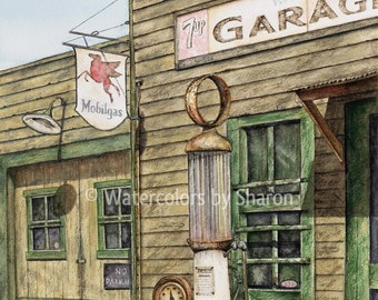 Wally's Garage Watercolor Art Print | wall art | home decor | travel art | watercolor painting | vintage art