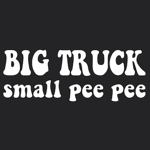 May include: A black graphic design featuring the white text BIG TRUCK on the top line and the white text small pee pee on the bottom line. The lettering is presented in a bold, rounded, and stylized font against a solid dark background.