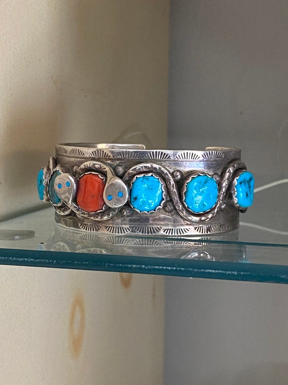 Vintage Zuni snake, turquoise cuff bracelet - image 1