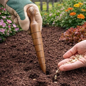 May include: A wooden seed dibber is used to create holes in the soil for planting seeds. A gloved hand holds the dibber, while another hand sprinkles seeds into the soil. The garden setting features colorful flowers.