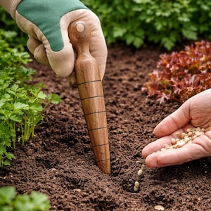 May include: A wooden dibber tool is used to create holes in the soil for planting seeds. The dibber is held by a gloved hand, with seeds being sown by another hand. The garden bed features green and orange plants.