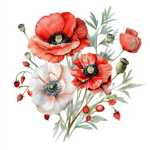 12 Watercolor Poppy Flowers| Clipart| Printable| Digital Download| Scrapbook| JPG| Collage| Paper craft| Junk journals
