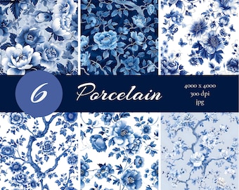 May include: Six digital paper patterns featuring blue and white floral designs inspired by traditional Chinese porcelain. The patterns are seamless and can be used for a variety of projects, such as scrapbooking, card making, and fabric printing. The patterns are 4000 x 4000 pixels and 300 dpi.