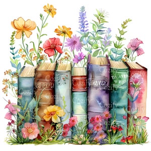 Puede incluir: Una pila de libros antiguos con ilustraciones florales coloridas en las cubiertas. Los libros están rodeados de una variedad de flores, incluyendo rosas, violetas, amarillas y blancas.