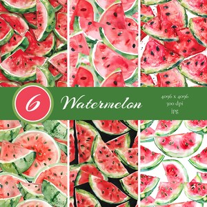 Pode incluir: Seis padrões de papel digital sem costura com ilustrações de aquarela de fatias de melancia vermelha. Os padrões são perfeitos para projetos de artesanato, scrapbooking e design digital.