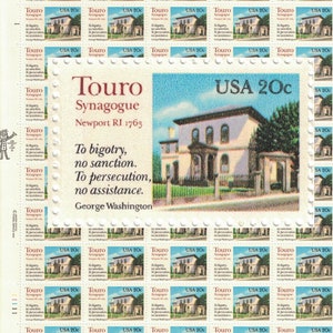 May include: A sheet of 20 US postage stamps featuring a photograph of the Touro Synagogue in Newport, Rhode Island. The stamps are surrounded by a white border with a dotted line. The text on the stamps reads "Touro Synagogue, Newport RI 1763" and "To bigotry, no sanction. To persecution, no assistance. George Washington."
