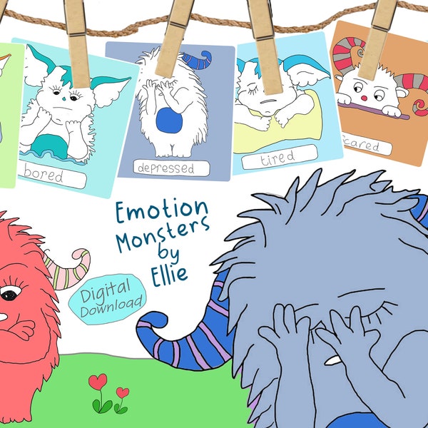 Emotions Monsters Flashcards.  Mood Flashcards Using Monster Characters to Explore Emotions. SEN Autism ASD Teaching Resource. CBT for Kids.
