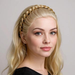 May include: A blonde braided headband worn by a person with blonde wavy hair and a black top. The headband is made of braided hair and sits across the forehead. The person has fair skin, light eyes, and is looking at the camera.