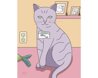 Office Cat (Girl Version) - Print/Poster - 8"x10" or 16"x20" - Original Illustration - Kawaii, Retro, 2000s