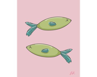 Dual Fish Print/Poster (Pink Background Version) -  8"x10" or 16"x20" - Original Illustration - Kawaii, Retro, 2000s