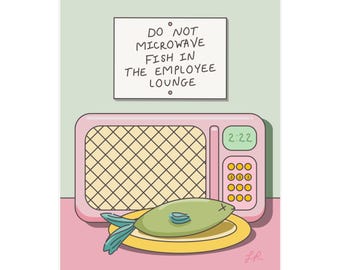 Do Not Microwave Fish Poster: Kawaii Retro Illustration