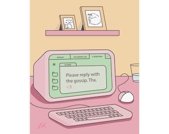 Office Gossip Email - Print/Poster - 8"x10" or 16"x20" - Original Illustration - Kawaii, Retro, 2000s