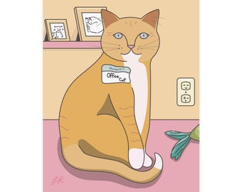 Office Cat (Boy Version) - Print/Poster - 8"x10" or 16"x20" - Original Illustration - Kawaii, Retro, 2000s