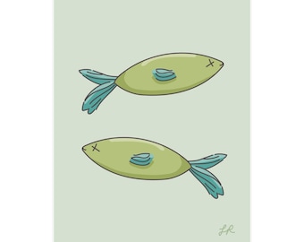 Dual Fish Print/Poster (Green Background Version) -  8"x10" or 16"x20" - Original Illustration - Kawaii, Retro, 2000s