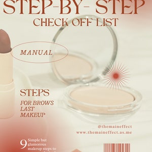 May include: A step-by-step check off list manual for brows, last makeup. The manual has a red lipstick, a compact powder, and a barcode. The text on the manual says "Simple but glamorous makeup steps to get your desired look".