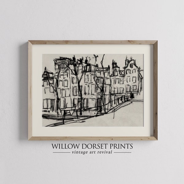 Antique Amsterdam Wall Art | Vintage Digital Print | Vintage Urban Sketch | Neutral Amsterdam | Antique Line Drawing | 1156